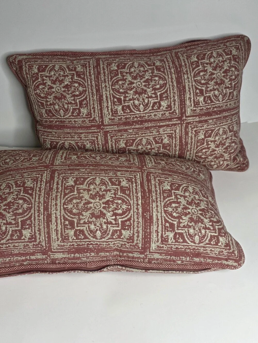 Restoration Hardware marron and Tan Scroll set of 2 Lumber pillows Inserts incl